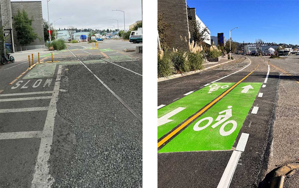 Pre-paving and Post-paving images side by side of where Seattle bicycle riders crashed and were seriously injured for years at the diagonal railroad track on the road Burke-Gilman's infamous missing link