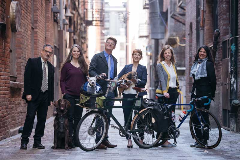 Washington Bike Law attorneys, bicycle ambassador, office manager, paralegals, and office dogs, in some cool brick old downtown Seattle alley with their awesome bikes.